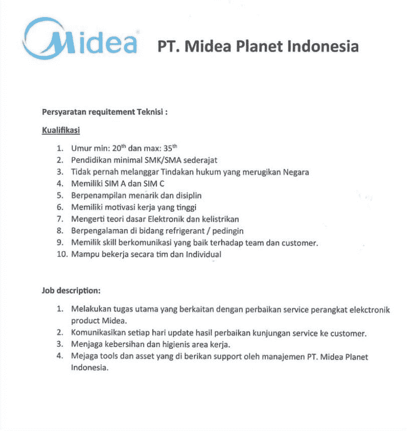 Lowongan Kerja PT. Midea Planet Indonesia